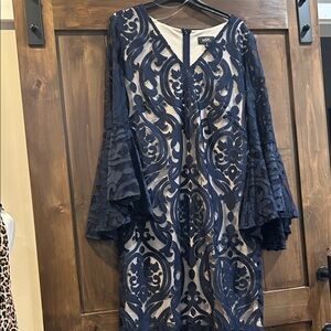 E455 MSK Navy Lace Bell-Sleeve Cocktail Dress – Size 10 EUC